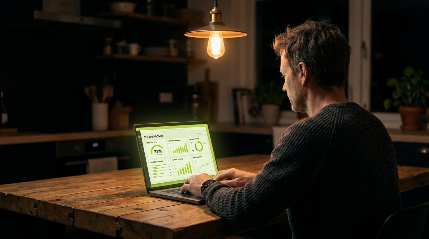 Een ondernemer bekijkt een SEO-dashboard op een laptop met duidelijke verbeterpunten